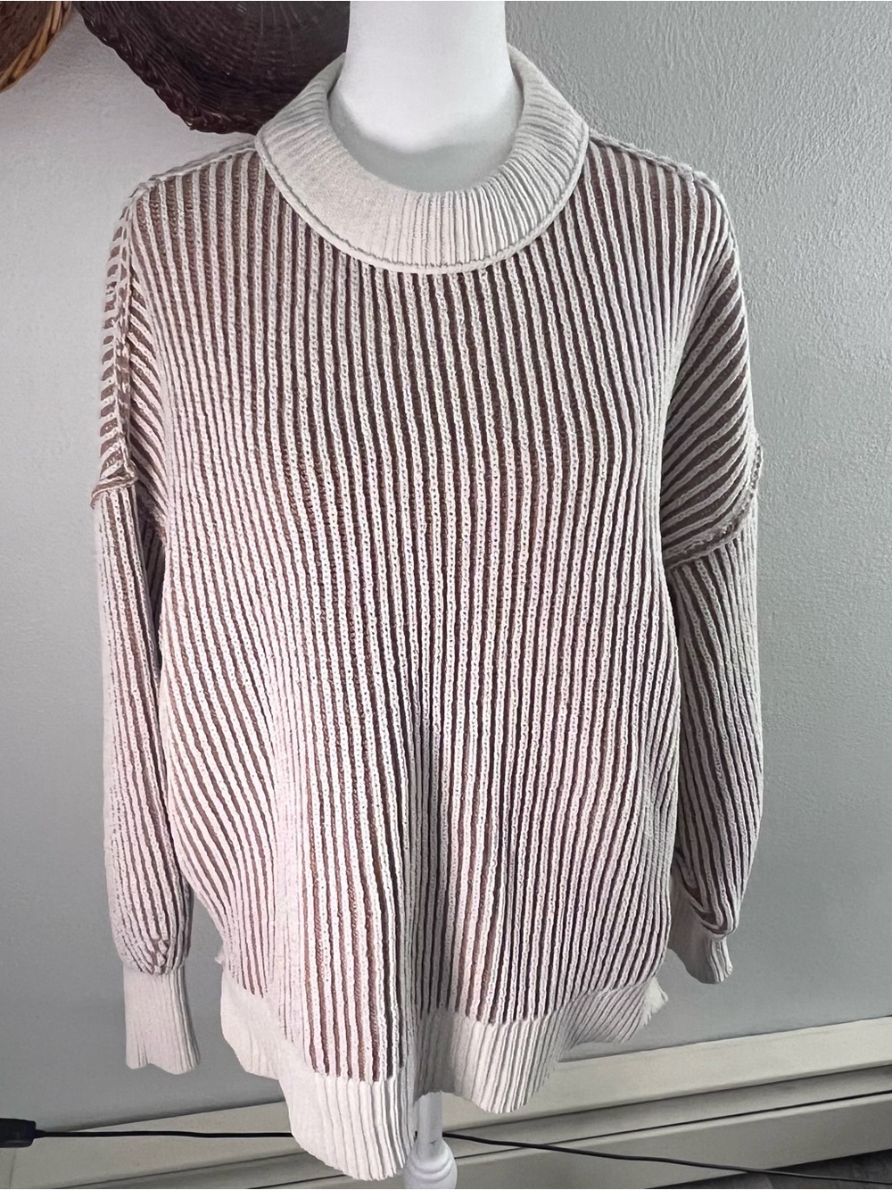 aerie Two-Tone Ribbed Crewneck Sweater in Cream and Brown